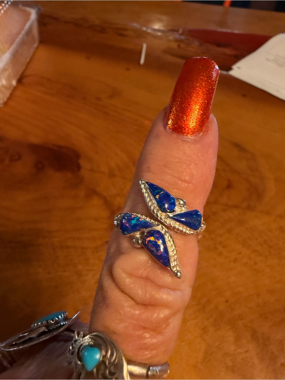 Sterling Silver Blue Opal Butterfly Wrap Ring - adjustable